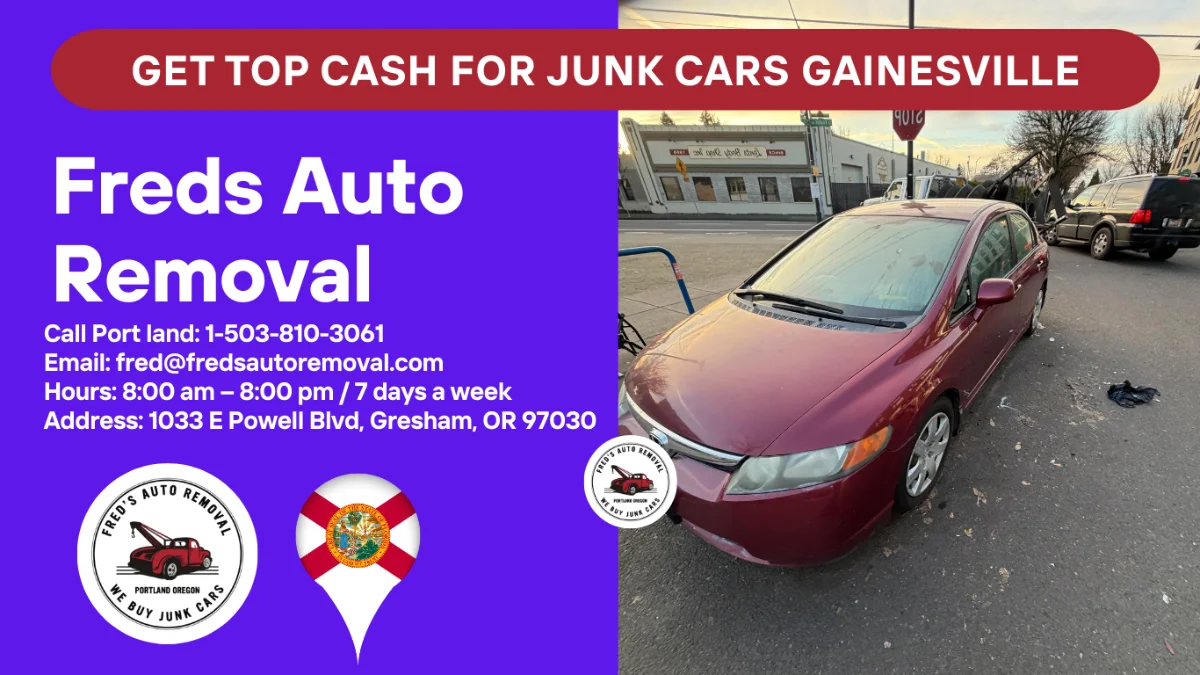 Junk car removal Gainesville FL - Fred's Auto Removal buys damaged cars for cash - damaged burgundy sedan ready for pickup - nationwide junk car buyer service - free towing available