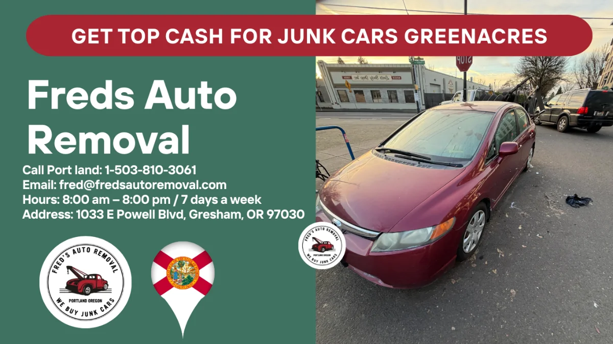 unk car removal Greenacres FL - Fred's Auto Removal buys damaged cars for cash - wrecked burgundy sedan pickup service - cash for junk cars Greenacres Florida - free towing nationwide - sell junk car today