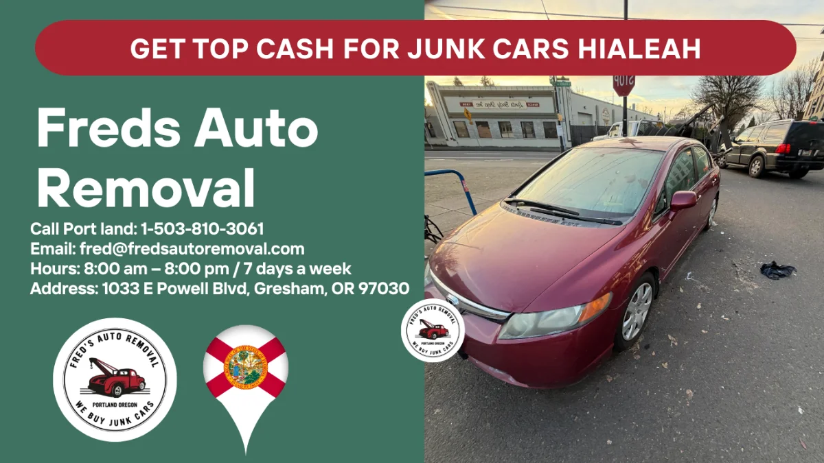 unk car removal Hialeah FL - Fred's Auto Removal pays cash for damaged cars - scrap car buyer Hialeah Florida - free same-day towing - we buy junk cars any condition - sell wrecked vehicle today