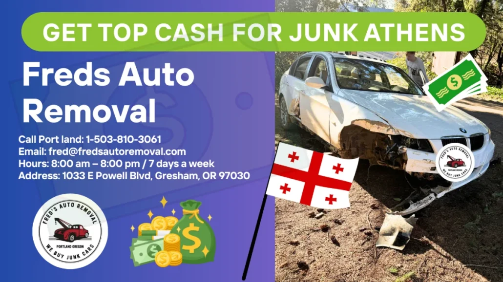 Junk car removal Athens GA - Fred's Auto Removal pays cash for damaged cars - scrap car buyer Athens Georgia - free same-day towing - we buy junk cars any condition - sell wrecked vehicle today