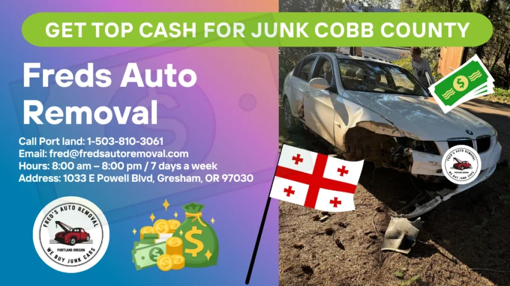 Junk car removal Cobb County GA - Fred's Auto Removal pays cash for damaged cars - scrap car buyer Cobb County Georgia - free same-day towing - we buy junk cars any condition - sell wrecked vehicle today
