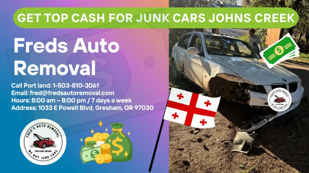 Junk car removal Johns Creek GA - Fred's Auto Removal pays cash for damaged cars - scrap car buyer Johns Creek Georgia - free same-day towing - we buy junk cars any condition - sell wrecked vehicle today