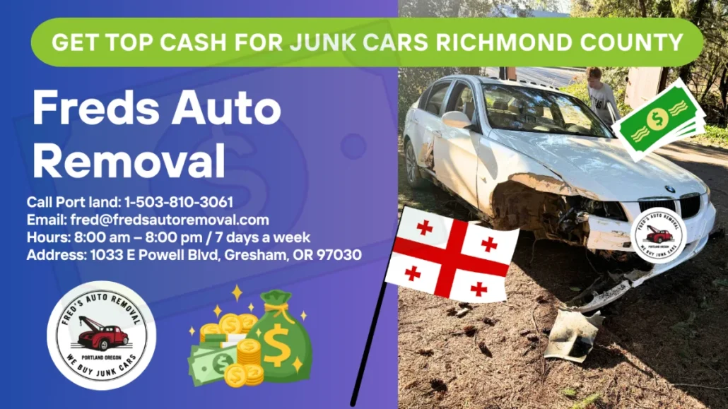 Junk car removal Richmond County GA - Fred's Auto Removal pays cash for damaged cars - scrap car buyer Richmond County Georgia - free same-day towing - we buy junk cars any condition - sell wrecked vehicle today