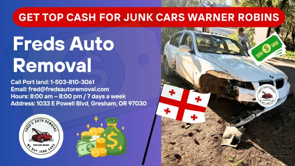 Junk car removal Warner Robins GA - Fred's Auto Removal pays cash for damaged cars - scrap car buyer Warner Robins Georgia - free same-day towing - we buy junk cars any condition - sell wrecked vehicle today